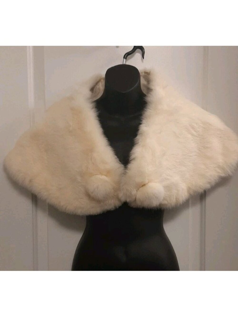 Vintage White Fur Shawl Cape Front Pompoms Hook Closure Satin Lined Formal Ware